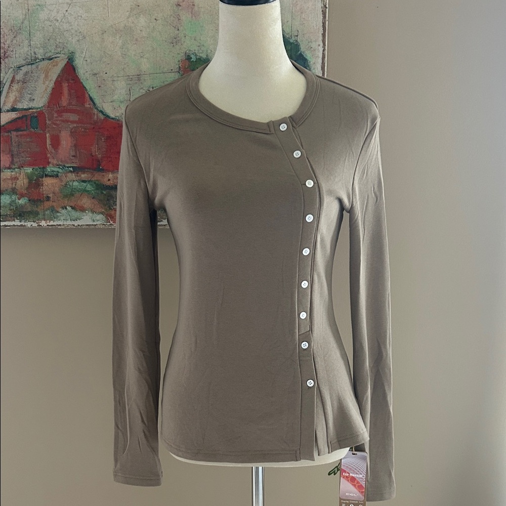 OGL Taupe Asymmetrical Button Long Sleeve Top
